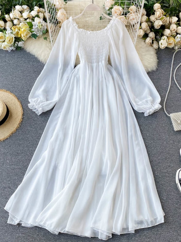 White Chiffon Dress Puff Sleeve Slash Neck Off Shoulder Smocked