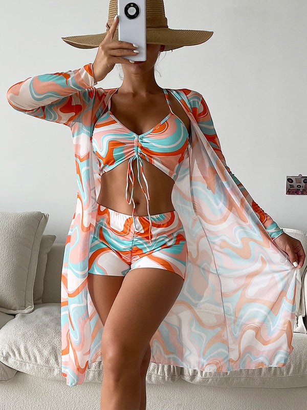 Tropical High Waist Bikini Three Pieces Cover Up